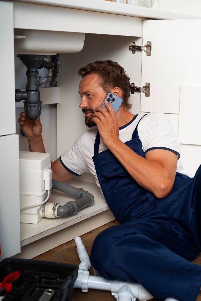 Plumber on phone repairs sink pipes inside a white cabinet; tools on floor.