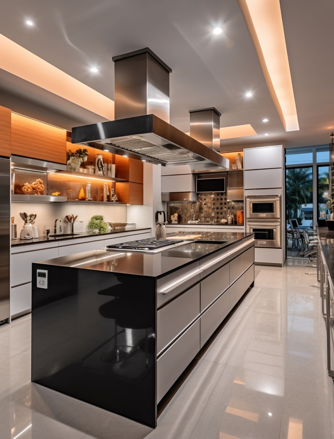 Modern kitchen with black island, stainless steel appliances, and wood and white cabinetry.