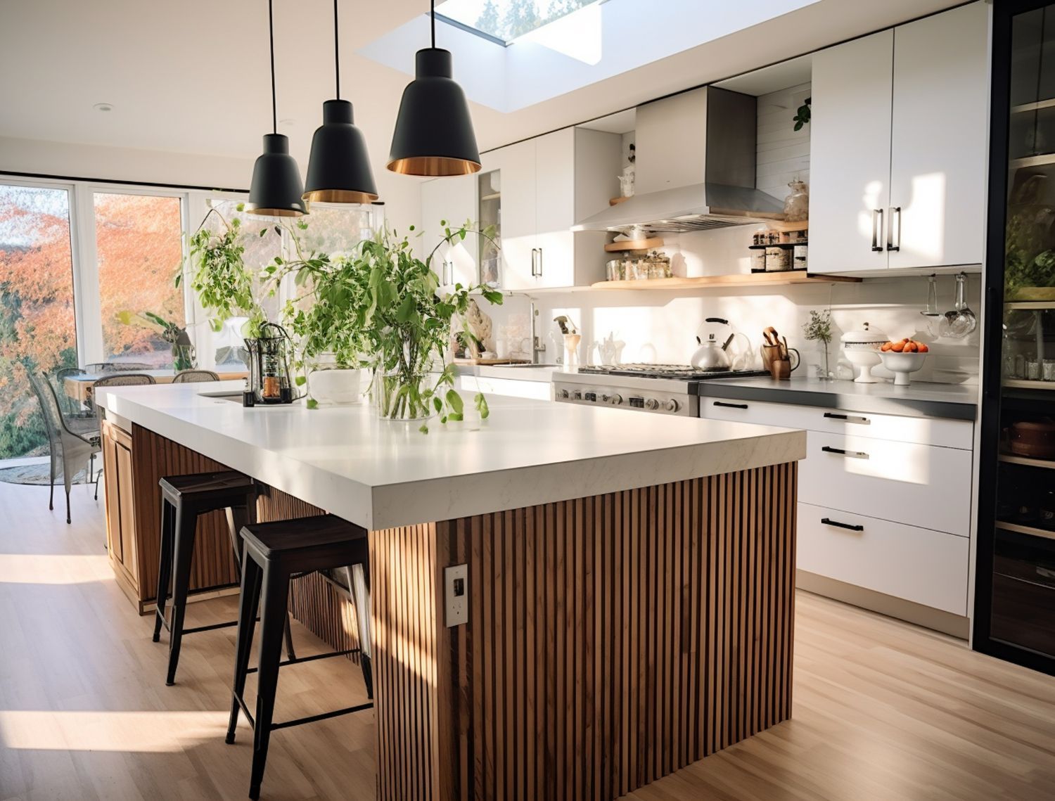 A kitchen with wooden cabinets and stainless steel appliances