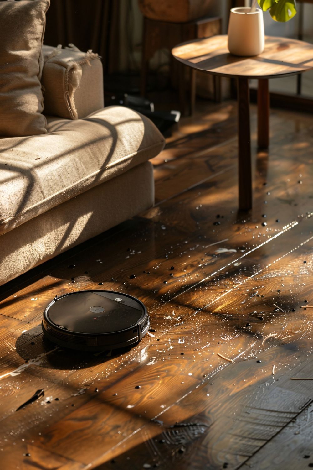 Robot vacuum cleaning a hardwood floor near a couch and table; sunlight streams in.