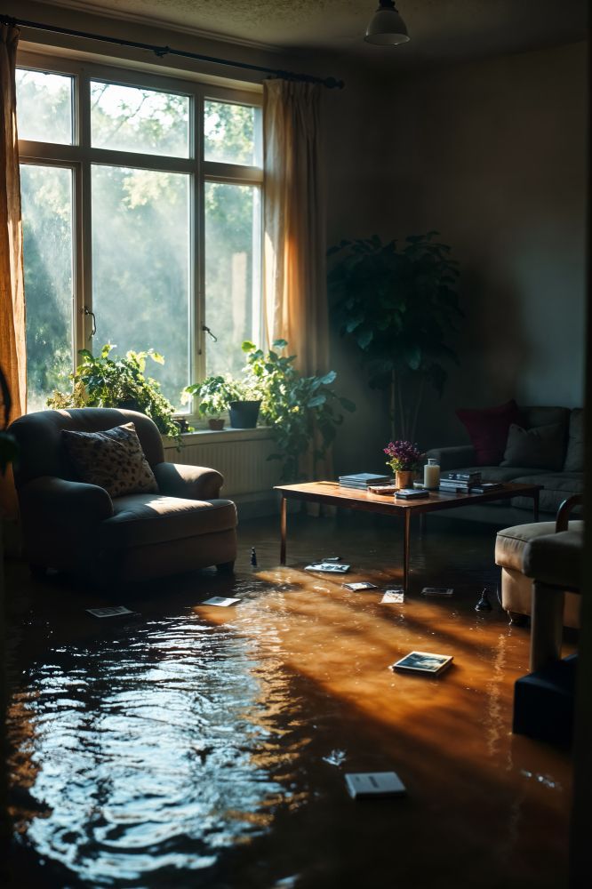 Flooded living room; sunlight streams through window. Furniture and scattered items submerged in water.