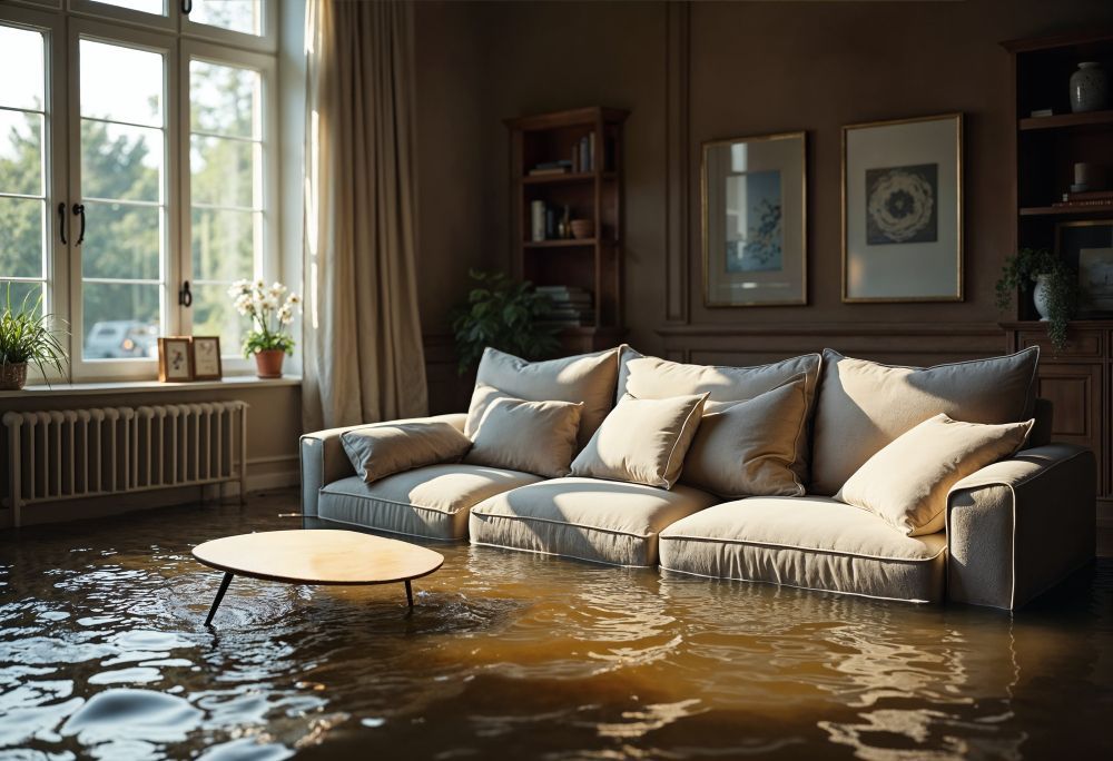 Living room flooded with water, sofa partially submerged, coffee table afloat, sunlight through window.
