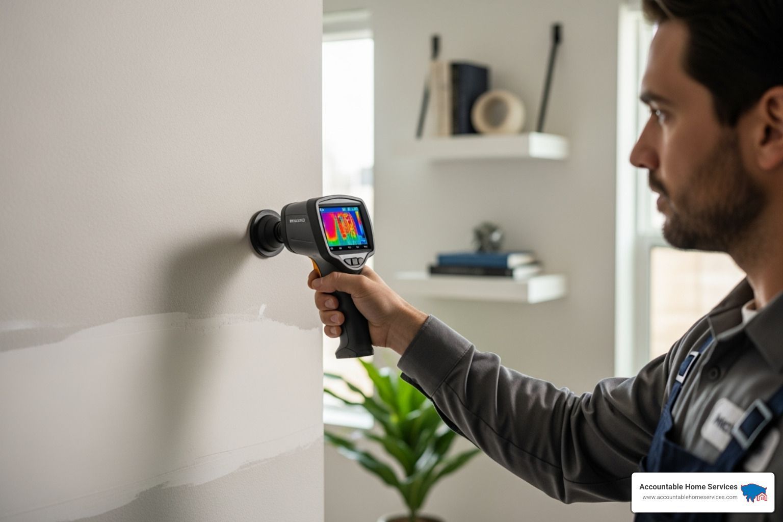 Technician using a thermal imaging camera on a wall in a Denver home - leak detection denver
