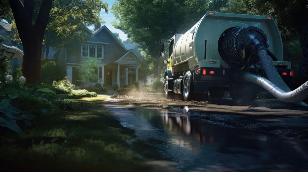 Truck pumping water from a flooded street in front of a house on a sunny day.
