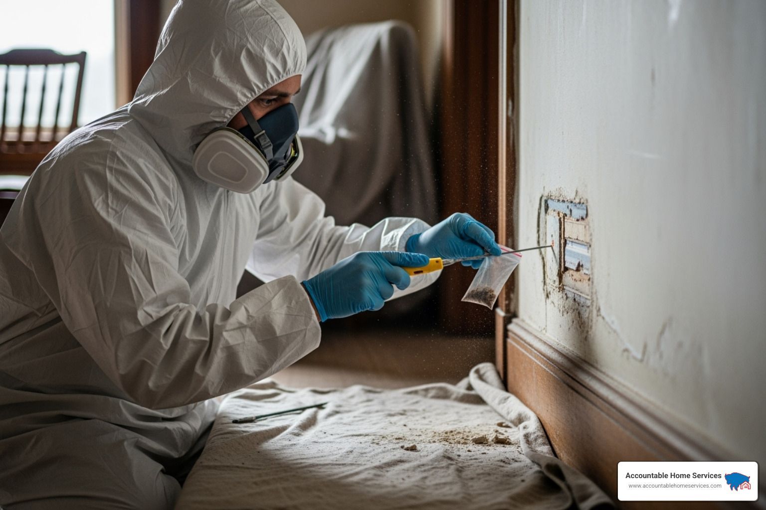 certified inspector in protective gear carefully taking a sample from a wall - asbestos and lead testing denver