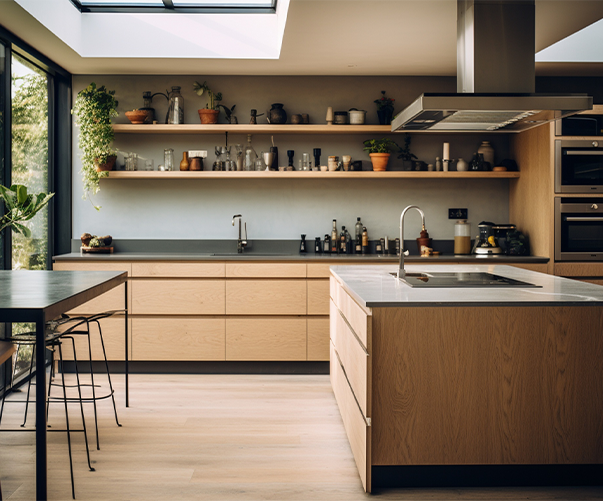 A kitchen with wooden cabinets and stainless steel appliances
