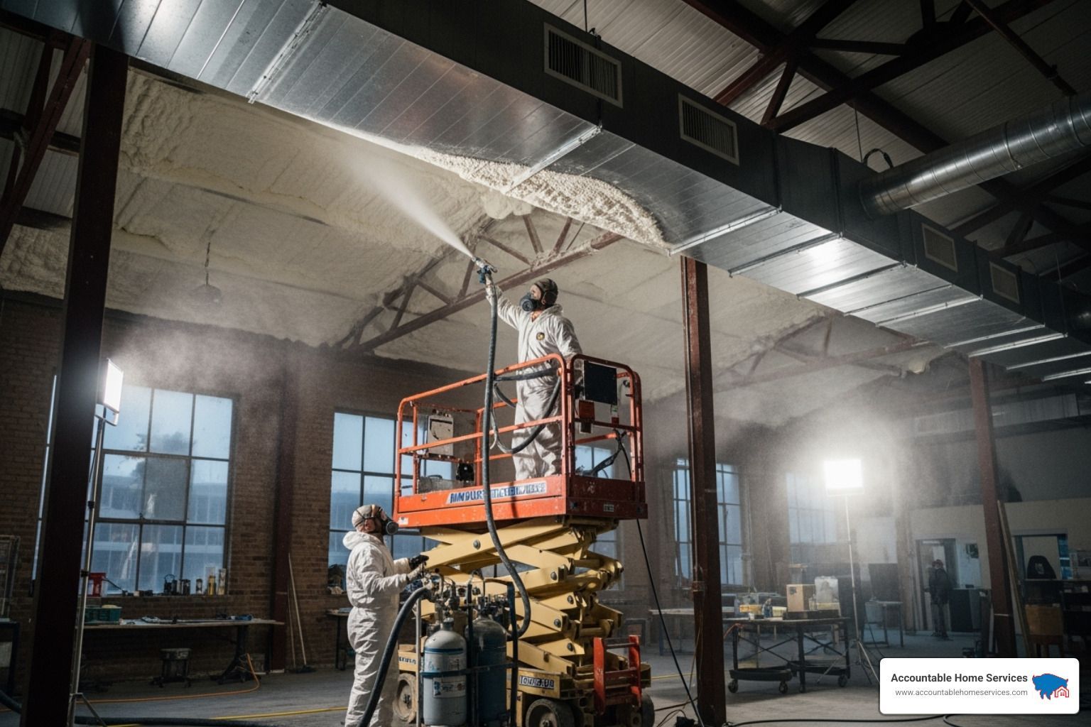 Professional installers applying spray foam insulation to commercial ductwork in a large building - commercial insulation service