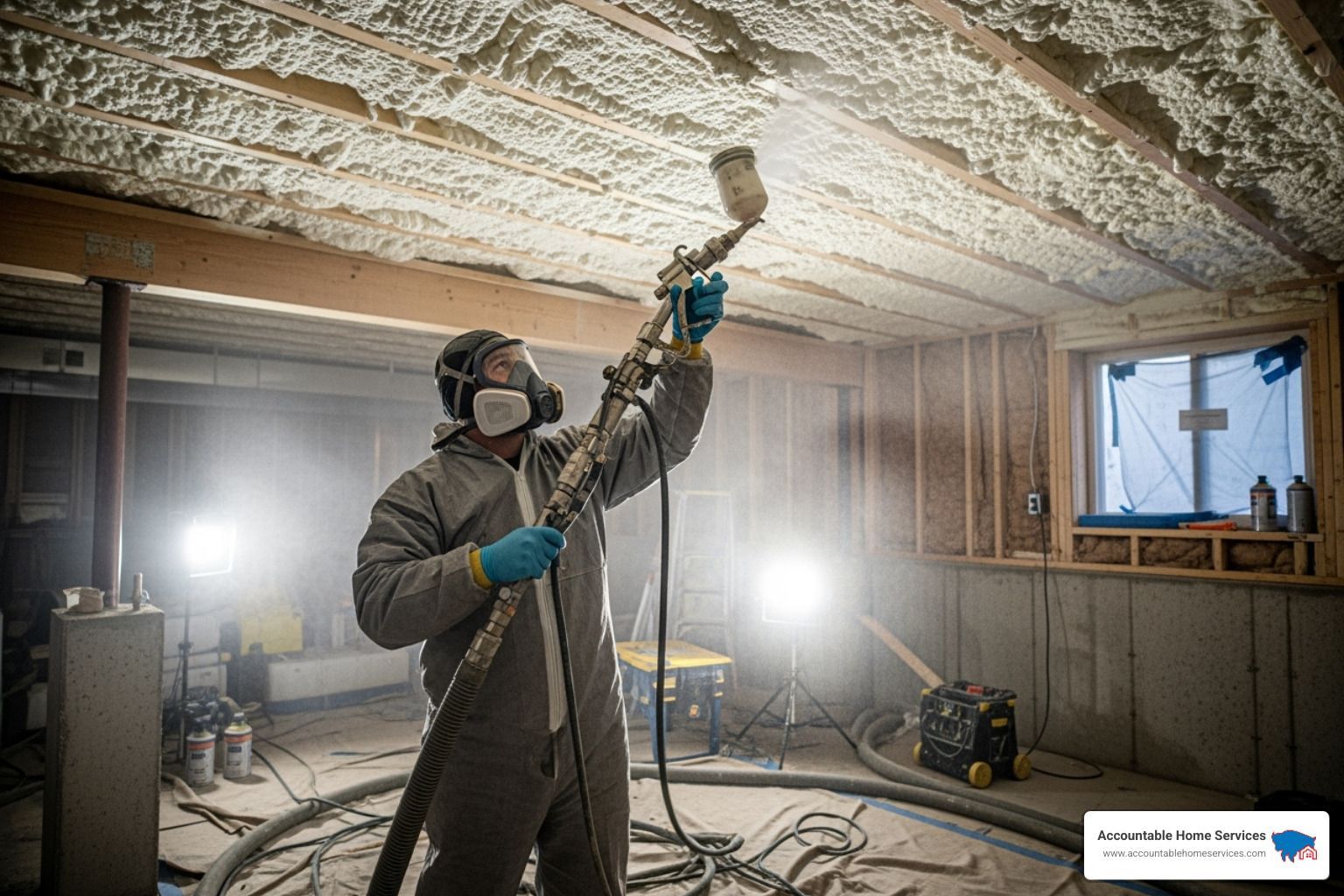 A certified technician in full PPE applying spray foam in a basement, showcasing safety and precision - spray insulation service