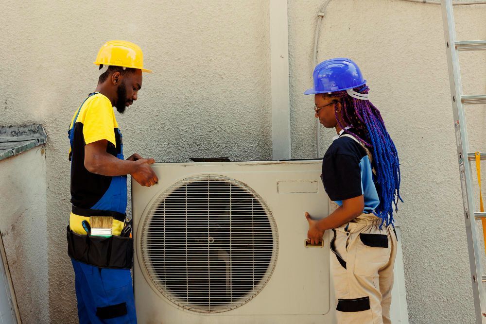 Man in work clothes uses equipment to remove water from a flooded kitchen.