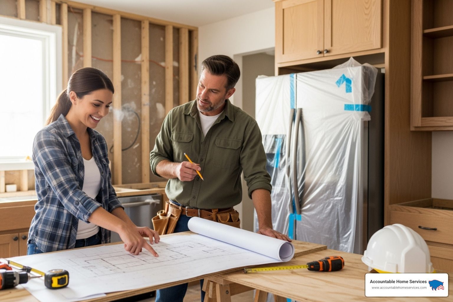 A homeowner happily reviewing plans with a contractor in a partially remodeled kitchen - kitchen remodel time frame