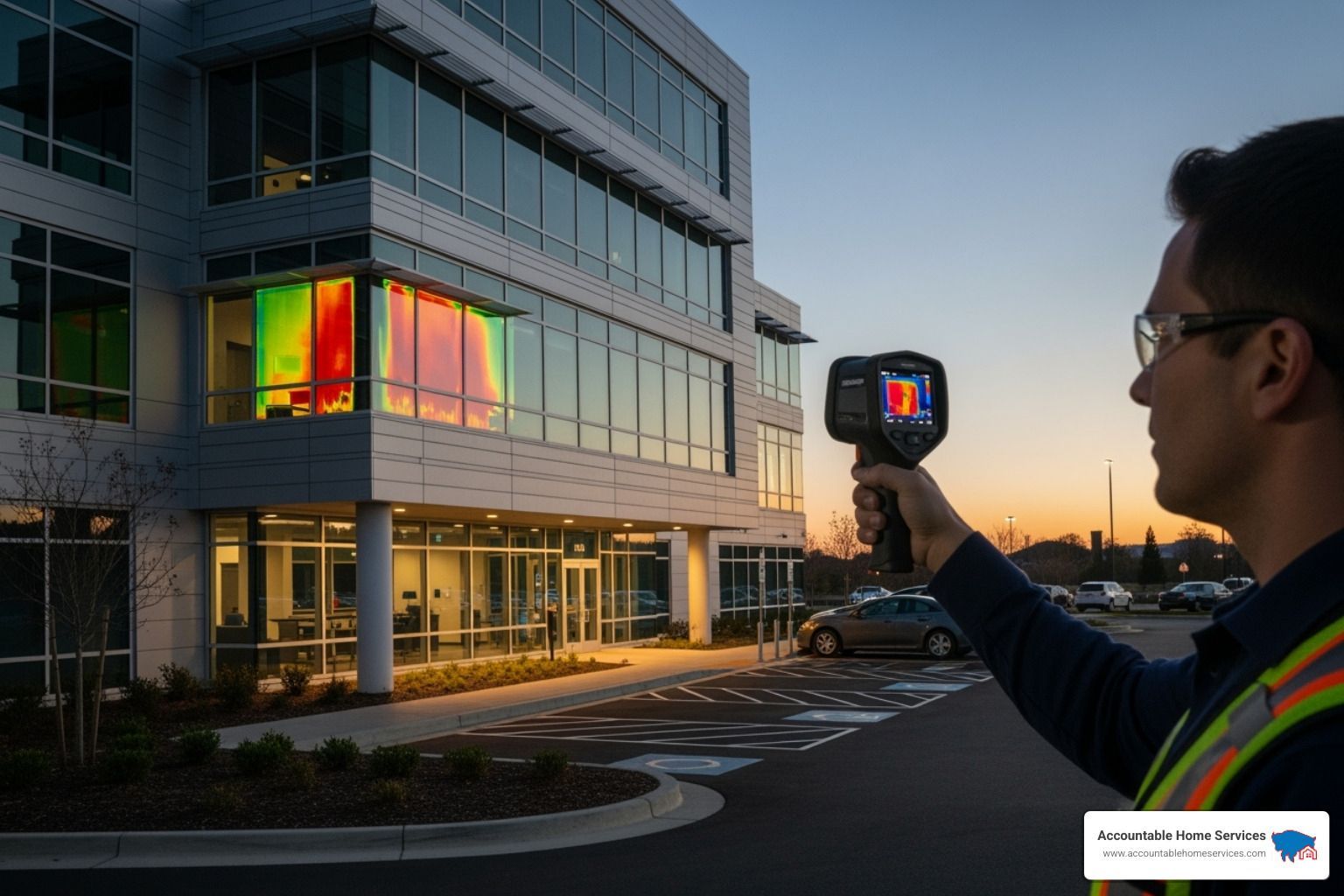 A technician performing an energy audit on a commercial building using a thermal camera to identify heat loss - commercial insulation service