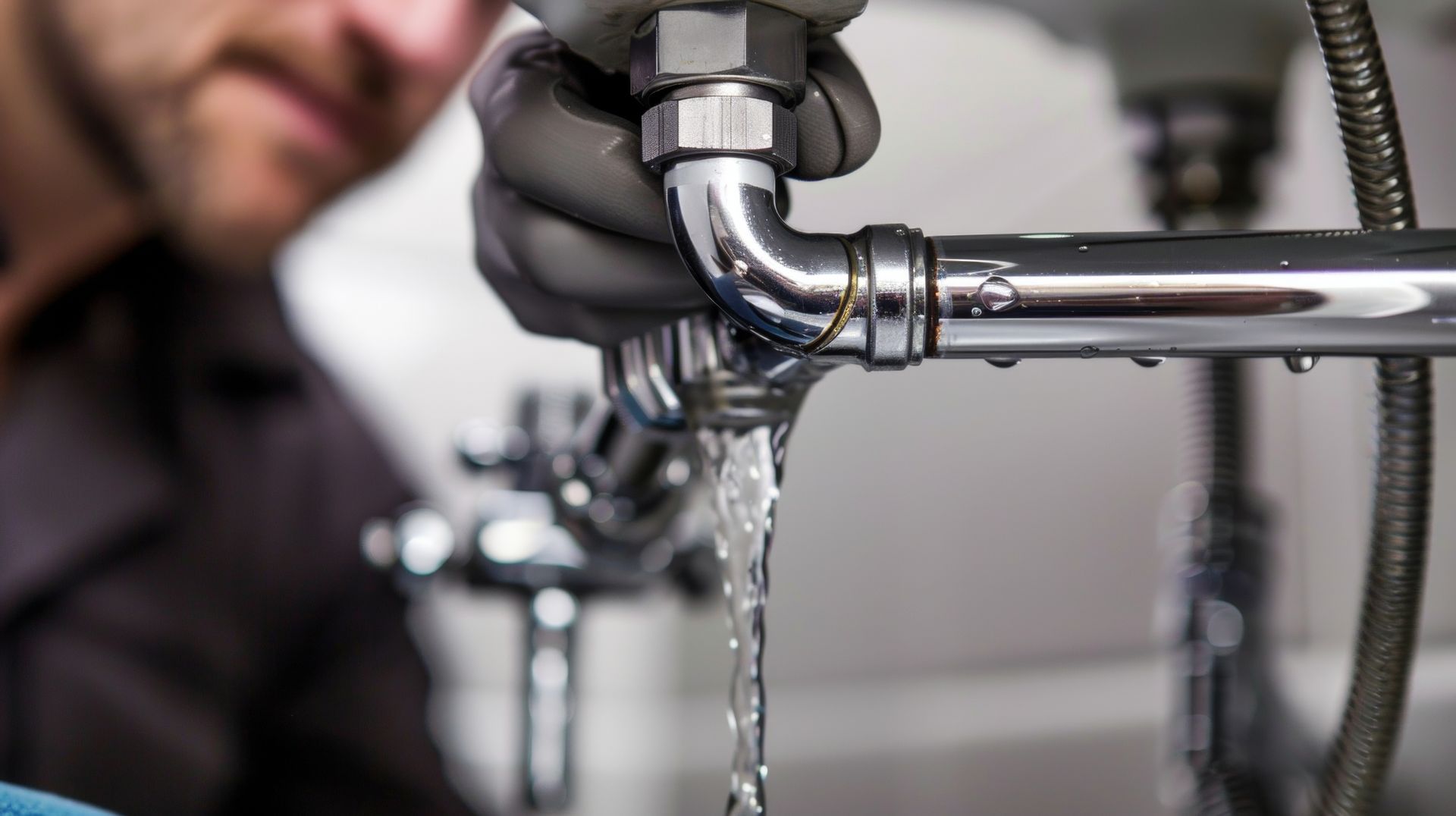 Plumber fixing a leaking pipe, water pouring out.