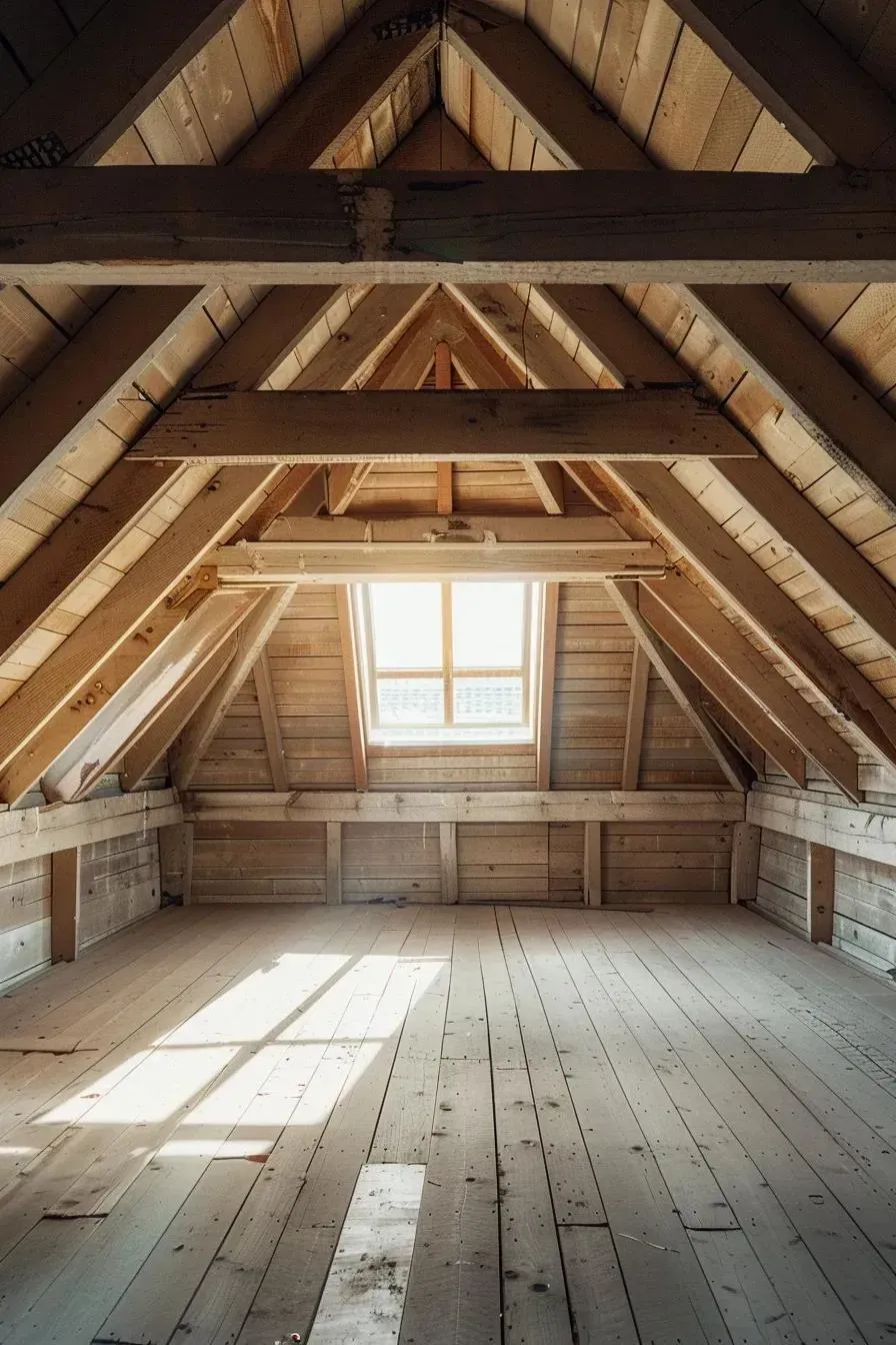 Wooden attic interior with triangular roof structure, skylight, and sunlight streaming in. Attic Mold