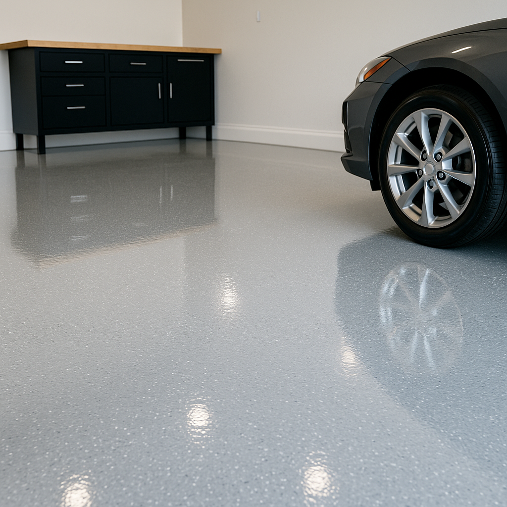Shiny gray epoxy garage floor with a gray car tire and black cabinet.