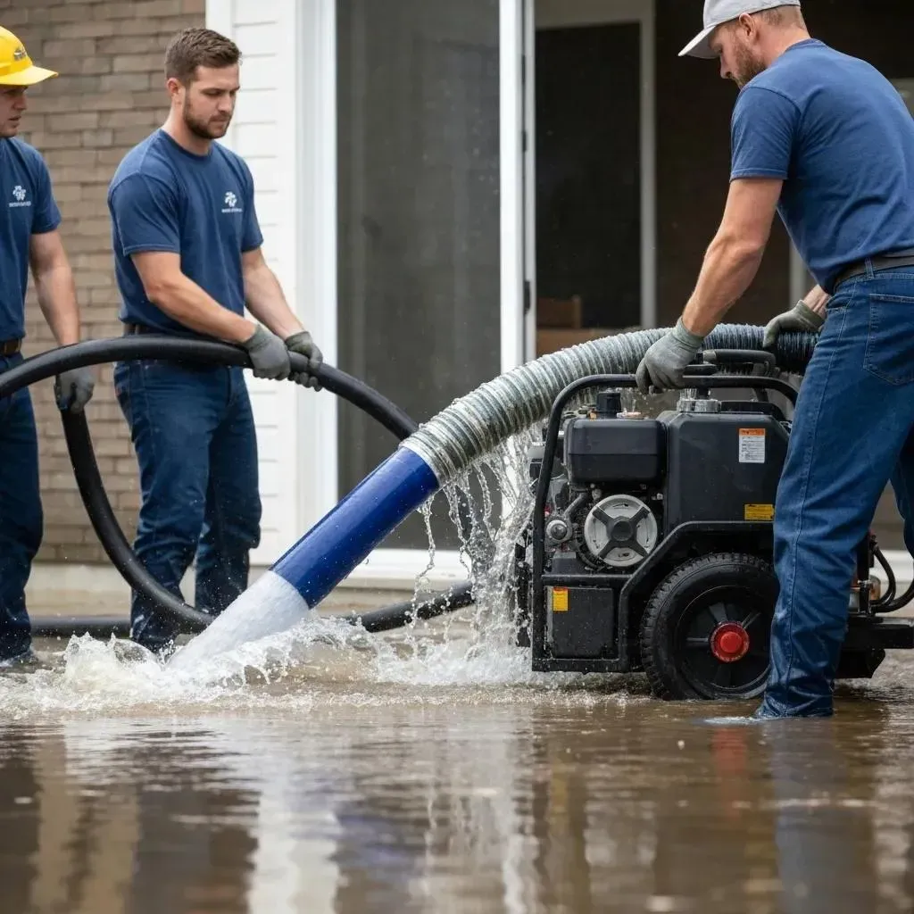 workers using a water pump to remove floodwater from a residential area.Emergency Water Extraction
