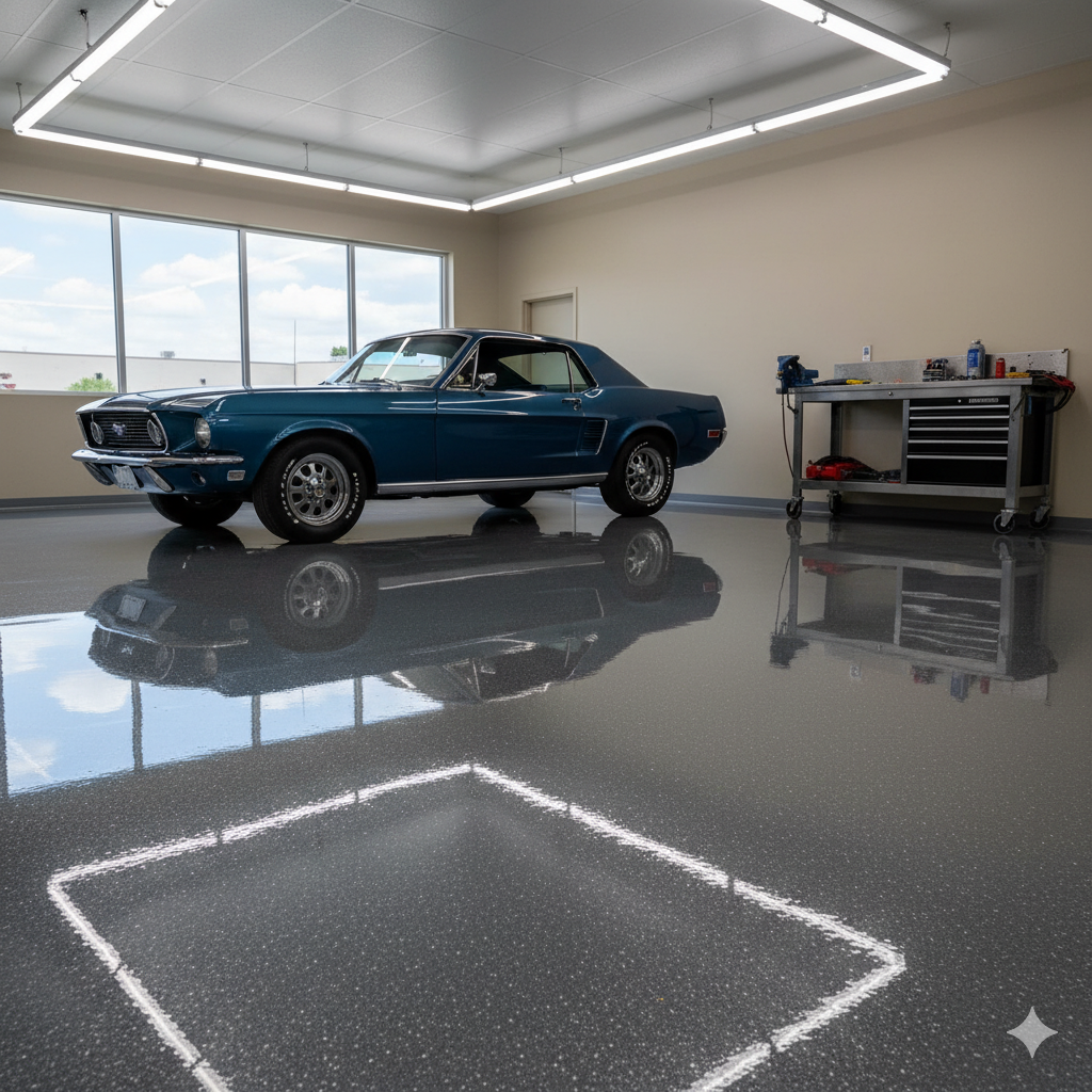 Blue classic car in a garage with a shiny, speckled gray floor; workbench in the background.