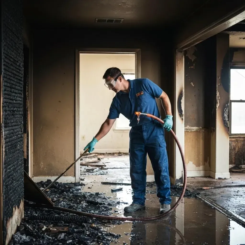 Fire inspector washes charred debris in a fire-damaged room, wearing protective gear.