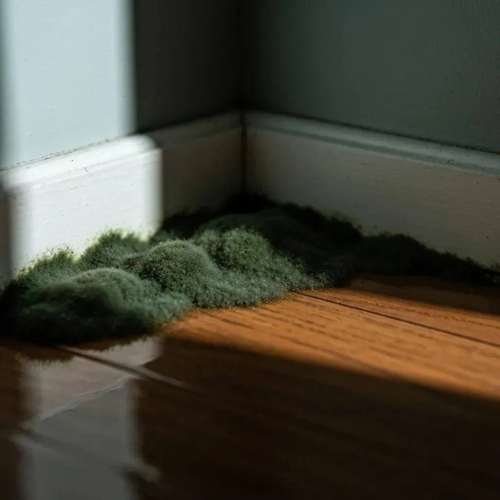 A pile of green flocking material on a wooden floor, near a corner.