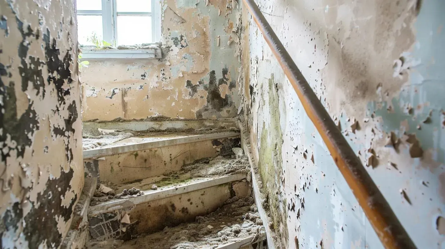 Dilapidated staircase with peeling paint and weathered railing, next to a window.
