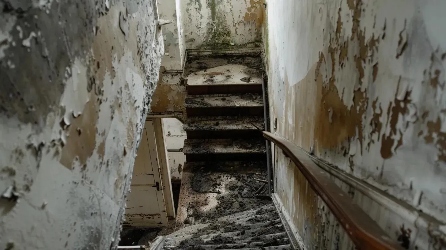 Dilapidated staircase with peeling paint and debris, in an abandoned building.