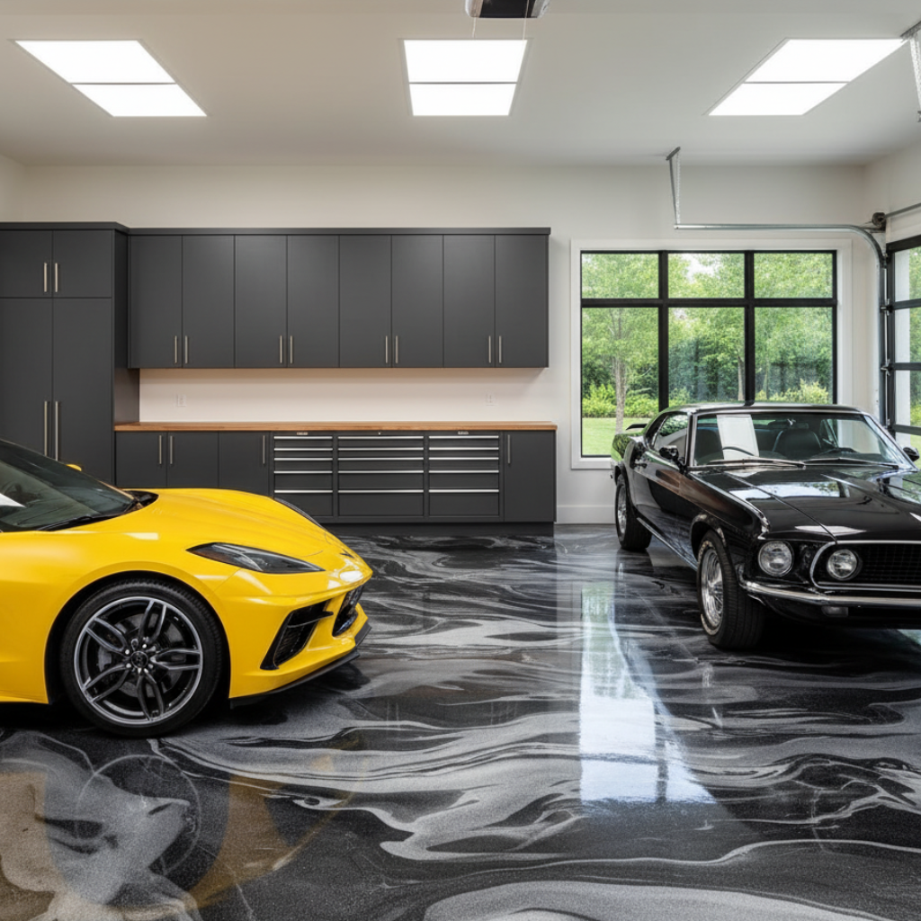 Yellow Corvette and black Mustang in a garage with dark cabinets, a shiny epoxy floor, and windows.