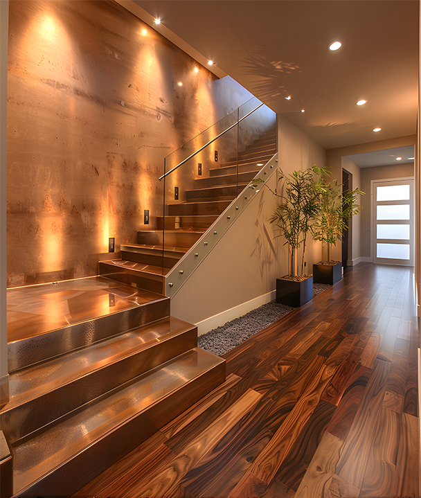 Modern entryway with copper-toned stairs, warm wood flooring, and recessed lighting.