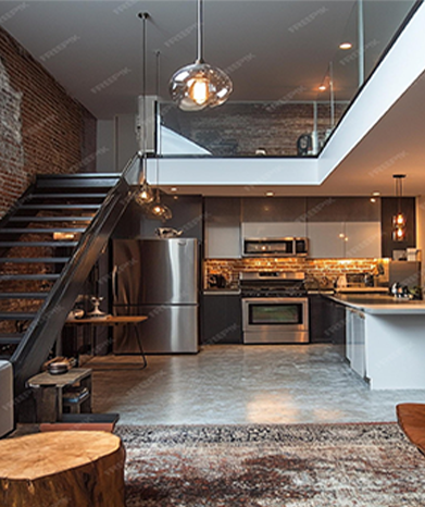 Modern kitchen with a brick wall, stainless steel appliances, and a loft.