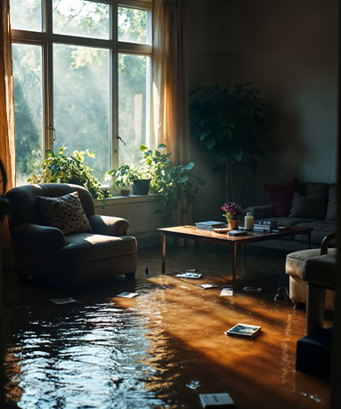 Living room flooded with water; sunlight streams through the window. Furniture and scattered books.