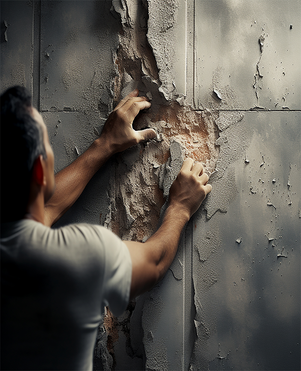 A man wearing an orange hard hat is working on a wall with a hammer