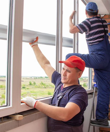 Two workers installing a window, one reaching, the other on a ladder. Overalls, hats, and the setting is outdoors.