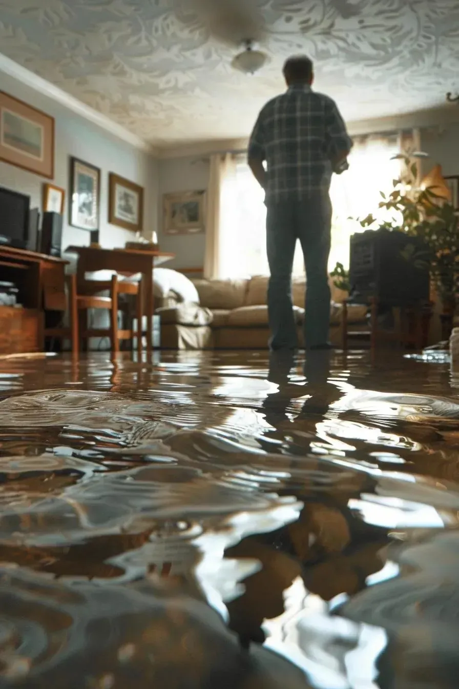 Man stands in a flooded living room, looking at the water. Sunlight streams in from a window.