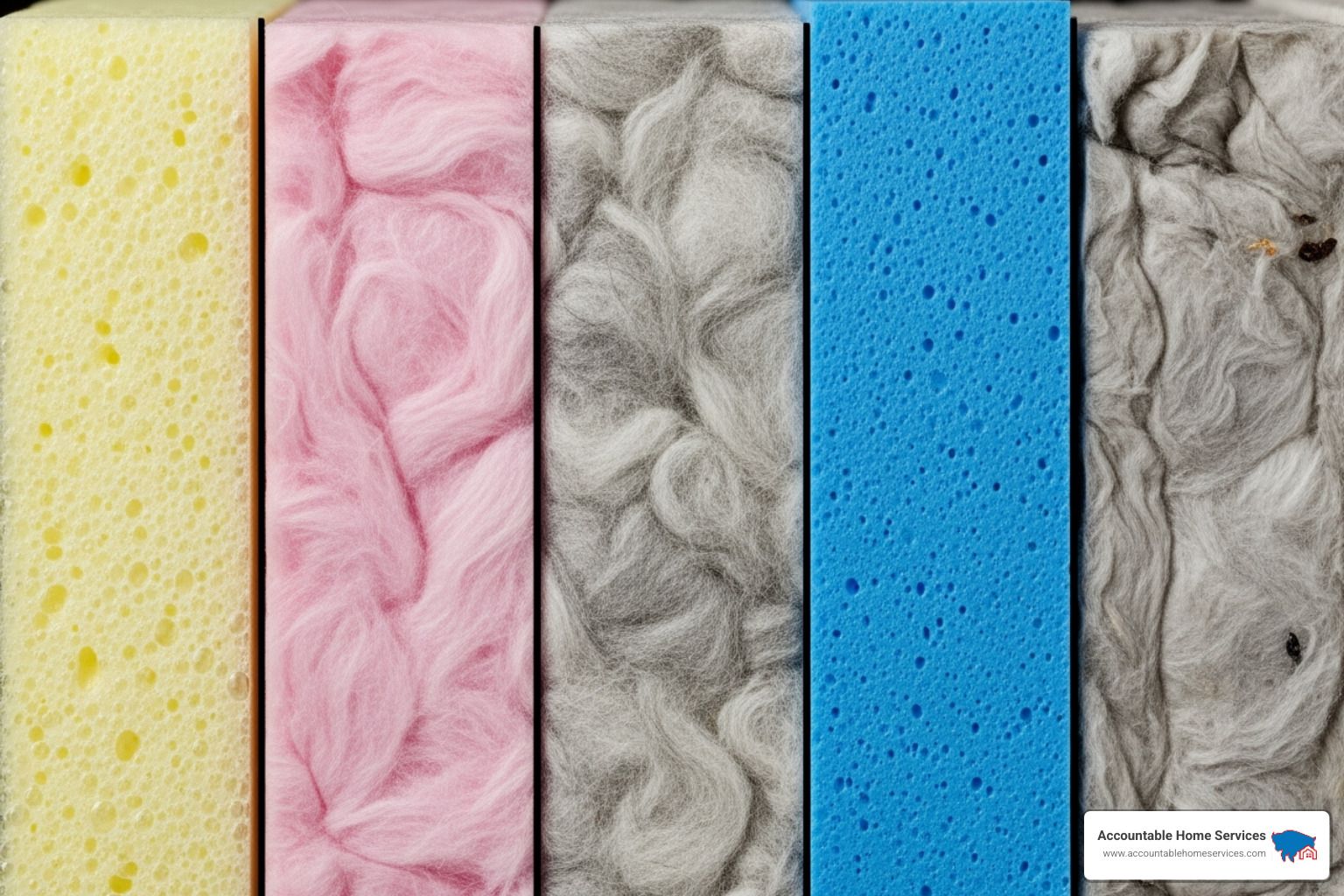 Different types of insulation materials side-by-side: spray foam, fiberglass batts, mineral wool, rigid foam boards, and loose-fill cellulose - commercial insulation service