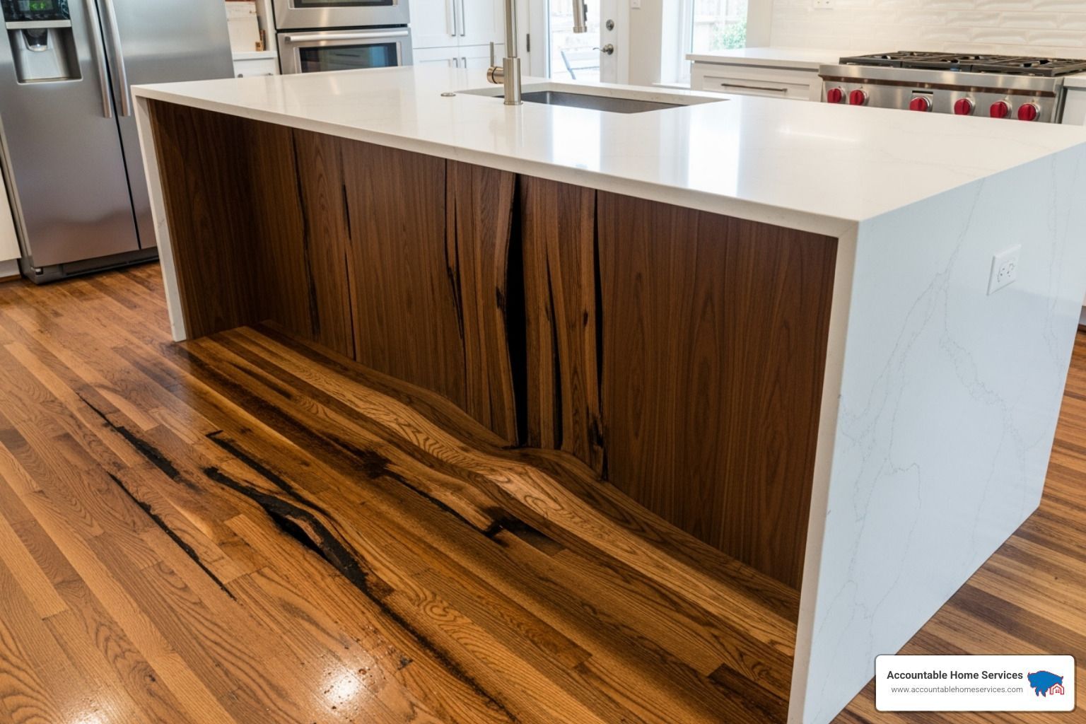 Warped hardwood floor next to a kitchen island, a sign of water damage in a Denver home - leak detection denver