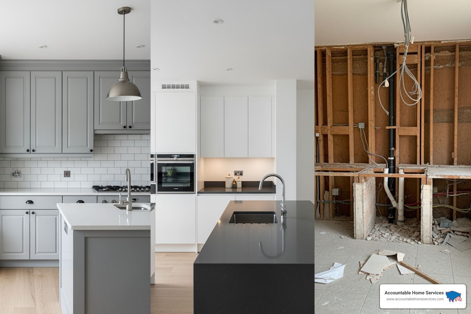 Three different kitchen styles: one with a simple cosmetic update, one with new cabinets, and one fully gutted and open-concept - kitchen remodel time frame