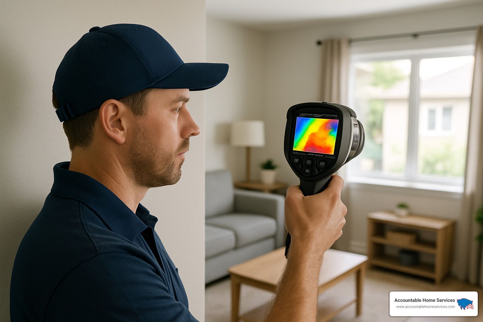Infrared camera highlighting heat patterns on a Denver home exterior during a thermography test