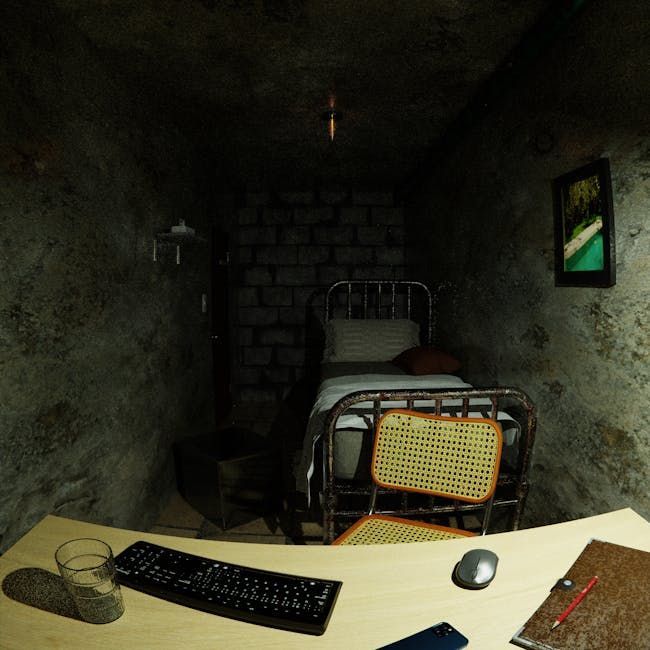 Interior of a dimly lit room with a bed, desk, and chair. The walls are rough stone.