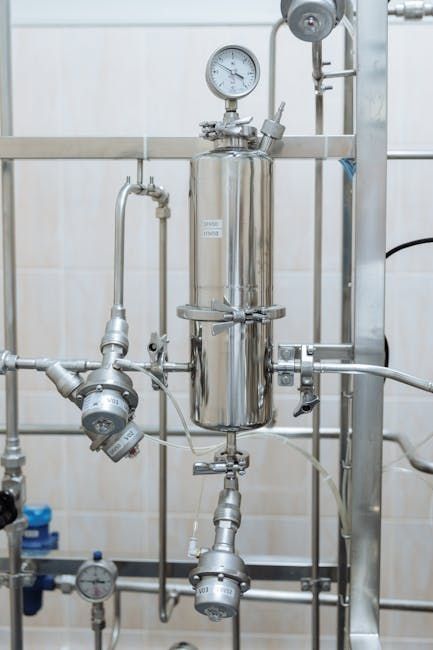 Stainless steel industrial filtration equipment with gauges and pipes in a white-tiled room.