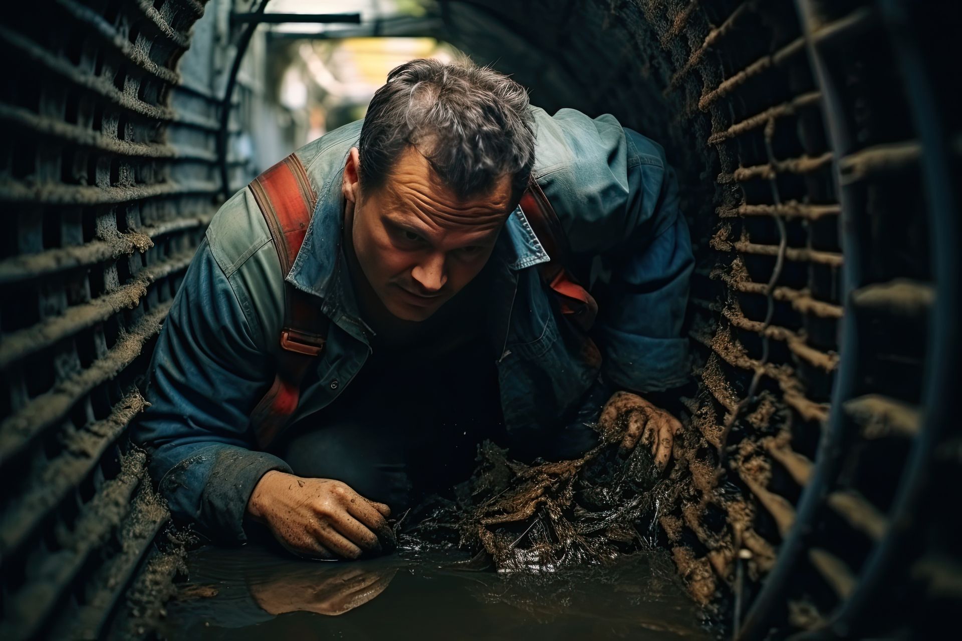 Man crawling through a dark, muddy tunnel; wearing work clothes, intense expression.