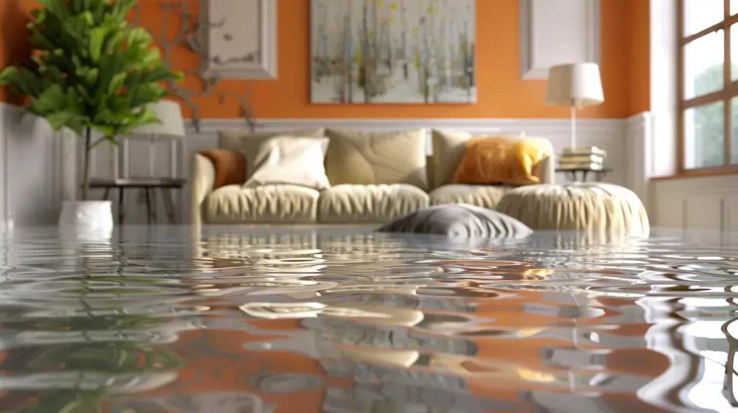 Living room flooded with water; sofa, cushions, potted plant, and paintings visible.
