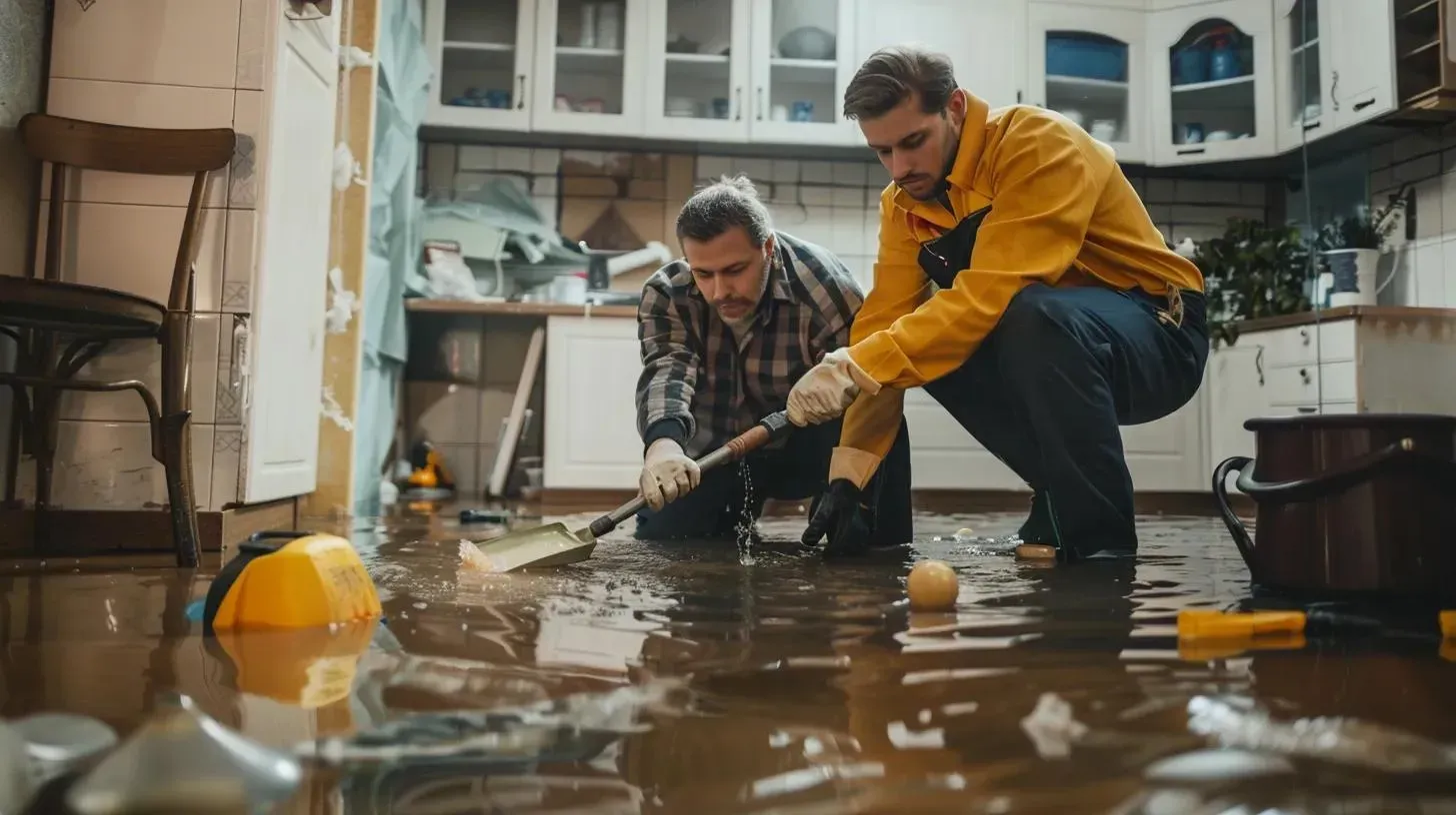 Two men cleaning up a flooded kitchen with a broom and gloves. Water covers the floor.