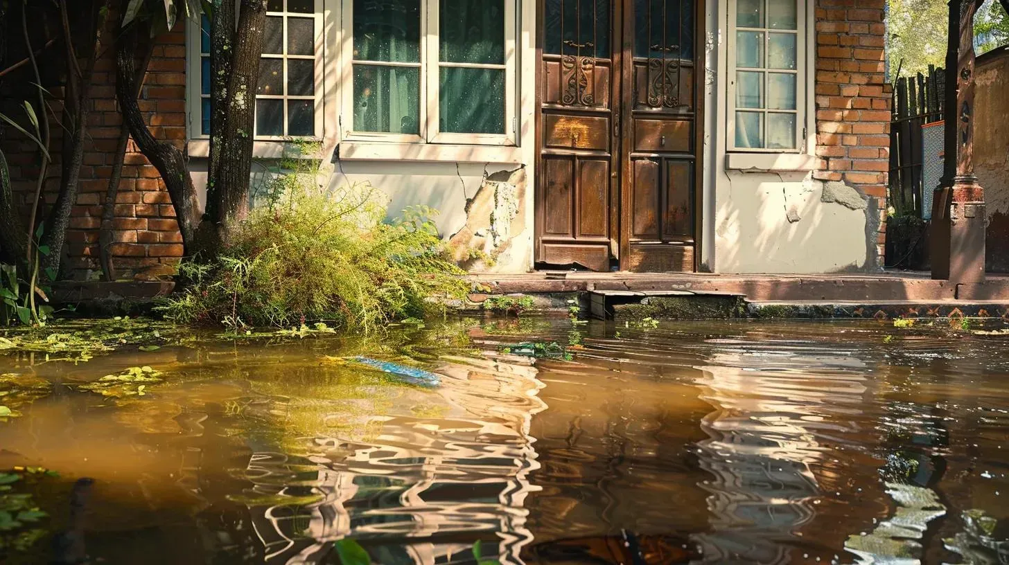 Flooded area in front of a building with brown door, windows, and overgrown vegetation.