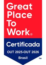 Distintivo de certificação Great Place To Work, vermelho e azul, Brasil, válido até 2025-2026.