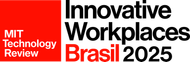 Logotipo da MIT Technology Review com a inscrição “Innovative Workplaces Brasil 2025” em preto, vermelho e branco.