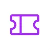 Contorno roxo de um ícone de ingresso com laterais entalhadas sobre um fundo branco.