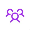 Ícone roxo com contorno de três pessoas, uma ao centro e duas atrás dela.