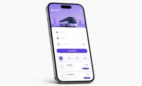 Maquete de smartphone mostrando uma interface de aplicativo roxa com a ilustração de um carro e opções de menu na tela.