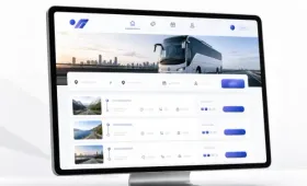 Tablet exibindo um aplicativo de reserva de ônibus com a lista de rotas e uma foto do ônibus na página inicial.