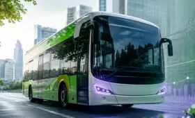 Ônibus elétrico urbano verde em uma rua molhada em um ambiente urbano moderno, com faróis roxos.