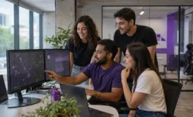 Quatro colegas de trabalho colaborando em uma mesa com vários monitores em um escritório moderno.