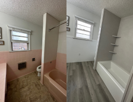 Two pictures of a bathroom before and after being remodeled